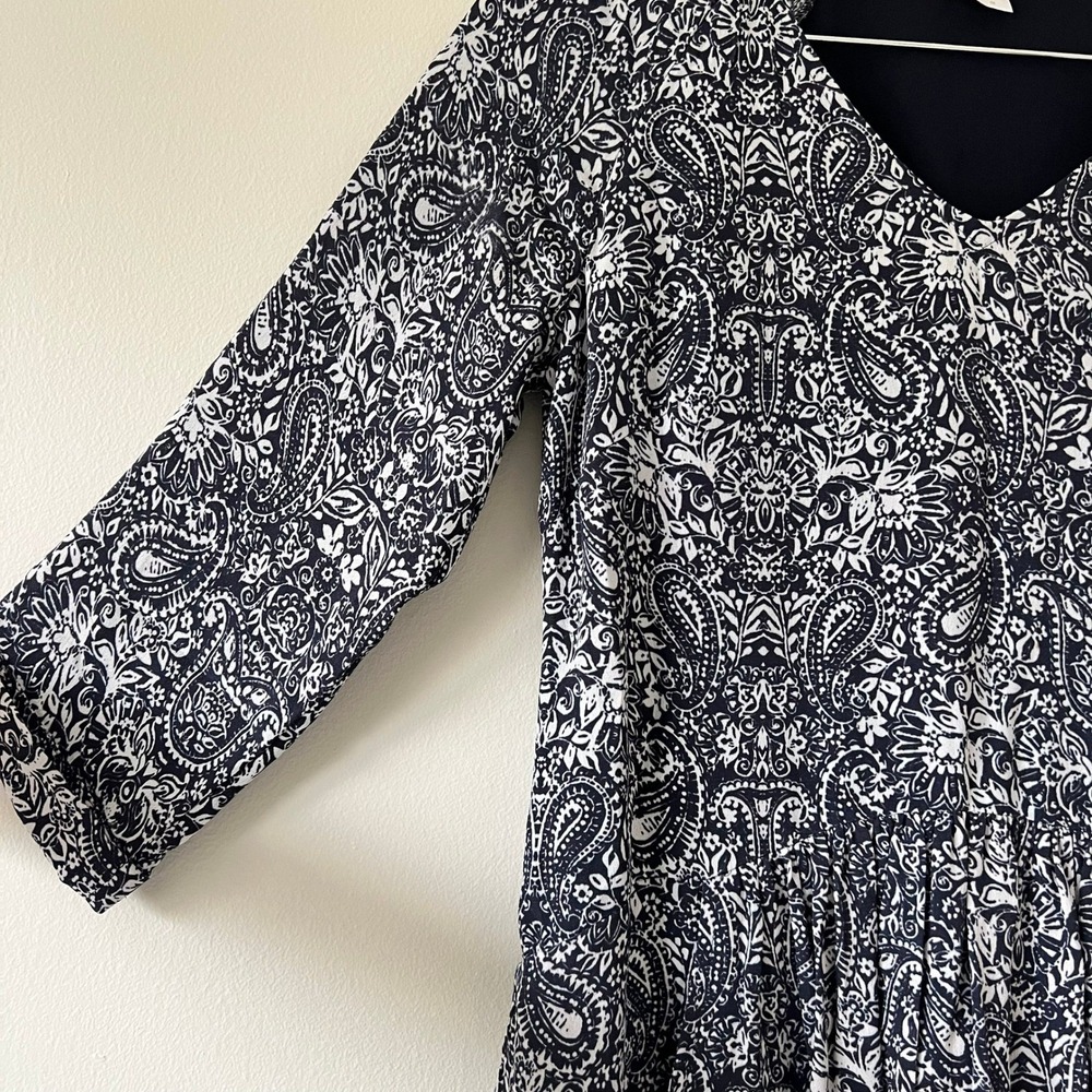 Garnet Hill Bohemian Pocket-Detail Dress Size 2 Navy Paisley Print 3/4 Sleeve - Picture 3 of 9